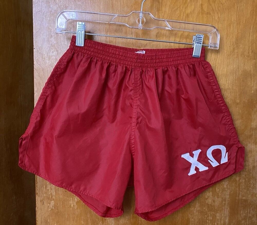 VTG 90s Y2K Soffe Silky Nylon Gym Shorts USA Chi Omega O Sorority Preppy Size M